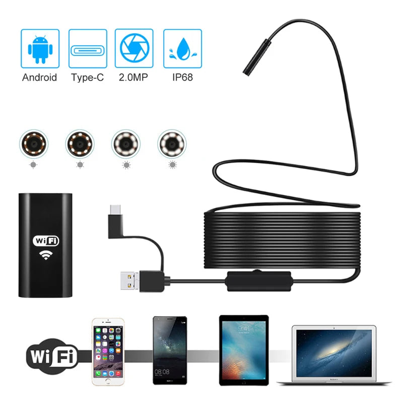 1/2/3.5/5/10M 1200P Endoscope Camera Mini Waterproof Inspection Borescope Wifi Box USB Camera 8mm For Iphone Android Type-C