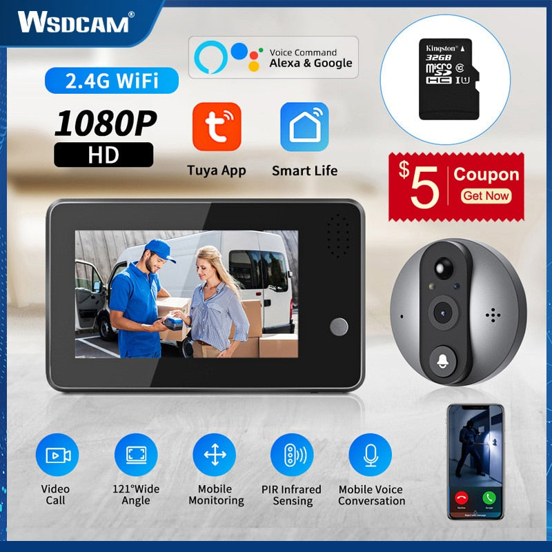 Wsdcam Tuya WiFi Wireless Doorbell Eye Peephole Camera 4.3 Inch 1080P HD PIR Night Vision Door Bell Outdoor Monitor Smart Home