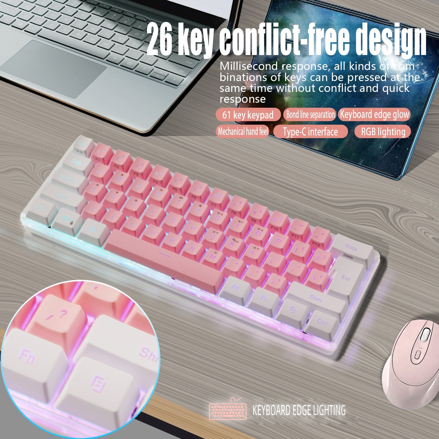 61 Key K401 for PC Laptop Desktop Wired Gaming Film Keyboard RGB Illuminated Keyboard 60% PC Gaming Keys