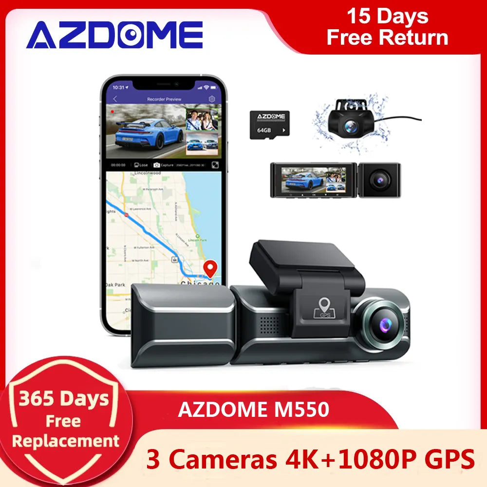 AZDOME M550 3 Channel Dash Cam Front Inside Rear Three Way Car Dash Camera 4K+1080P Dual Channel With GPS WiFi IR Night Vision