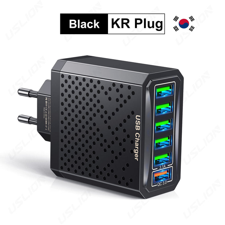 USLION 6 Ports USB Charger QC3.0 Fast Charging Quick Charger For Samsung S23 S22 Xiaomi Mobile Phone Charge Adapter KR Plug