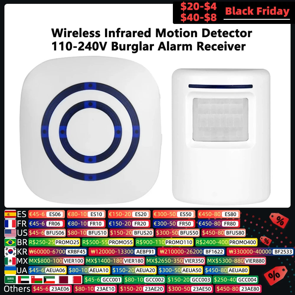 Motion Detector Doorbell PIR Infrared Motion Detector 110-240V Burglar Alarm EU Plug