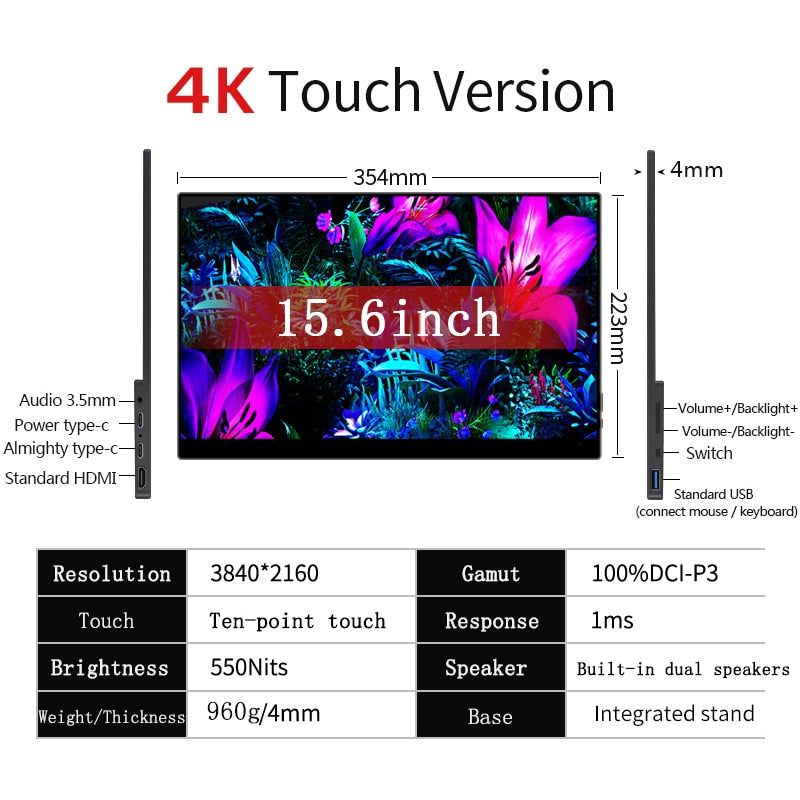 13.3 Inch 4K OLED Touch Screen Portable Monitor 3840*2160 With Type-C HDMI-Compatible for Mobile Phone PC Laptop Gaming Monitor