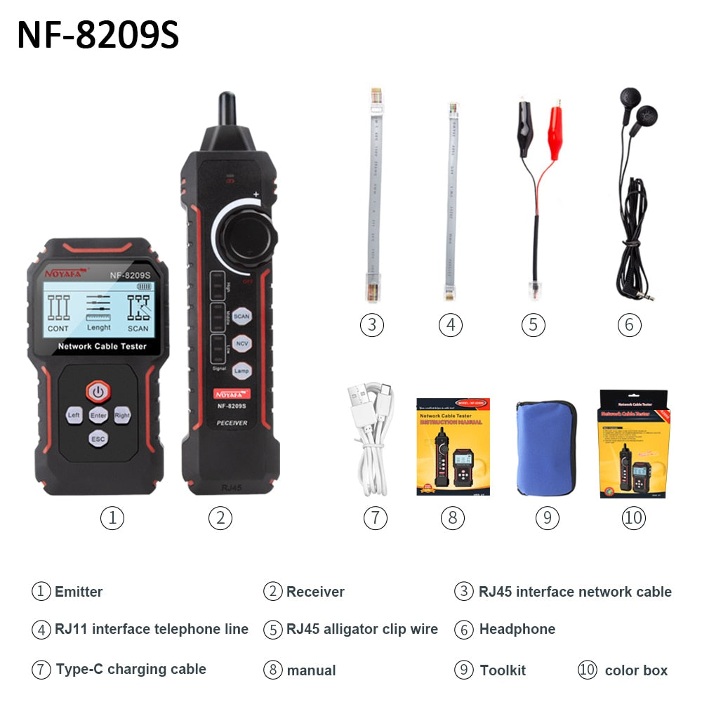 NOYAFA NF-8209S Network Cable Tester Cable Tracker Cat5 Cat6 PoE Tester Detect Length Continuity Test with NCV & Lamp