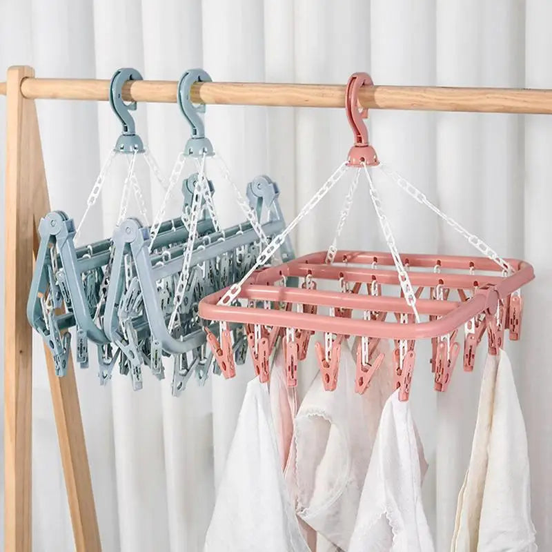 32 Clips Folding Clothes Dryer Hanger Children Adults Clothes Dryer Windproof Socks Underwear Plastic Drying Rack Clothes Hanger
