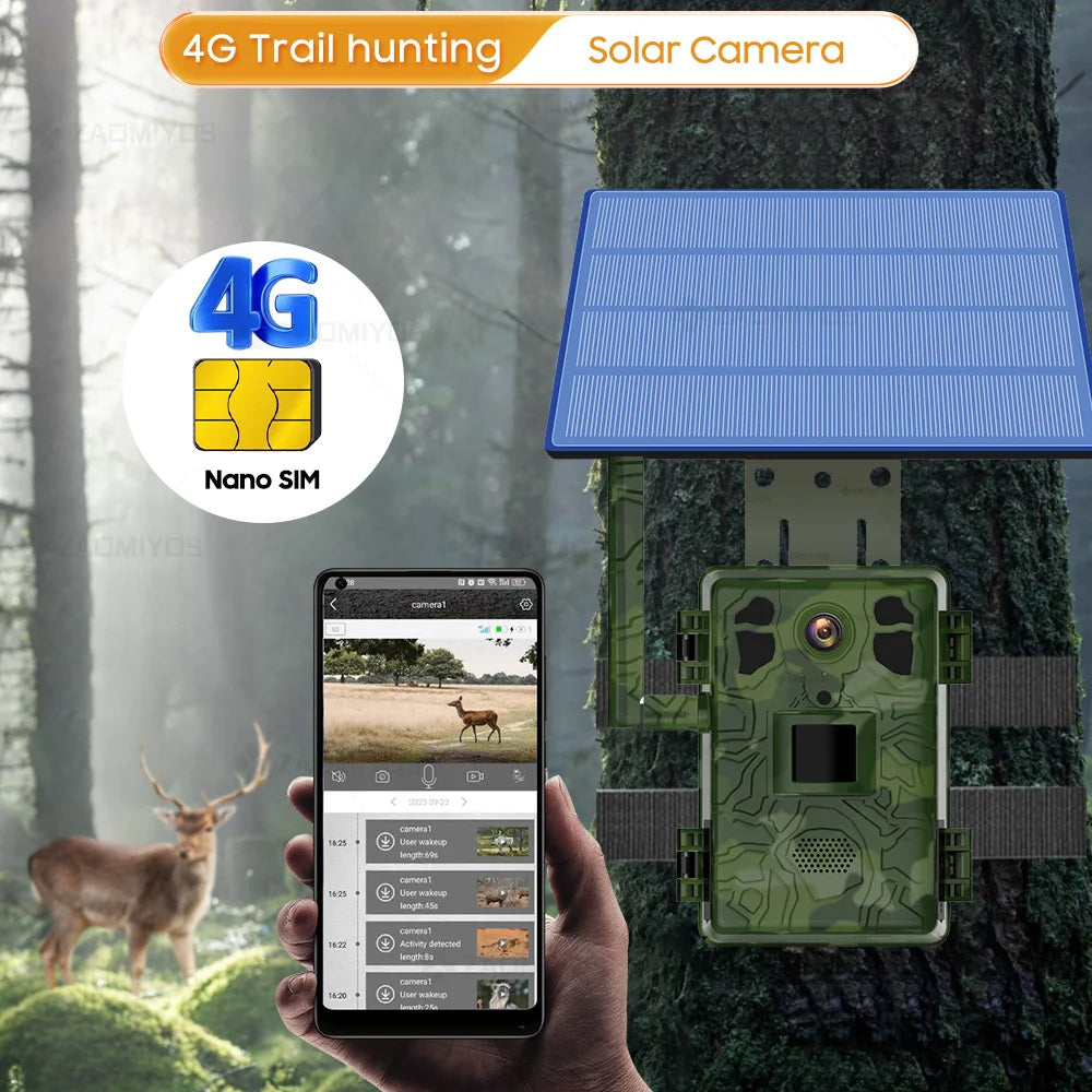 ZAOMIYOS 4MP 4G SIM Card Solar Hunting Trail Camera 14MP Outdoor Waterproof PIR Motion Detection Wildlife Night Vision Camera