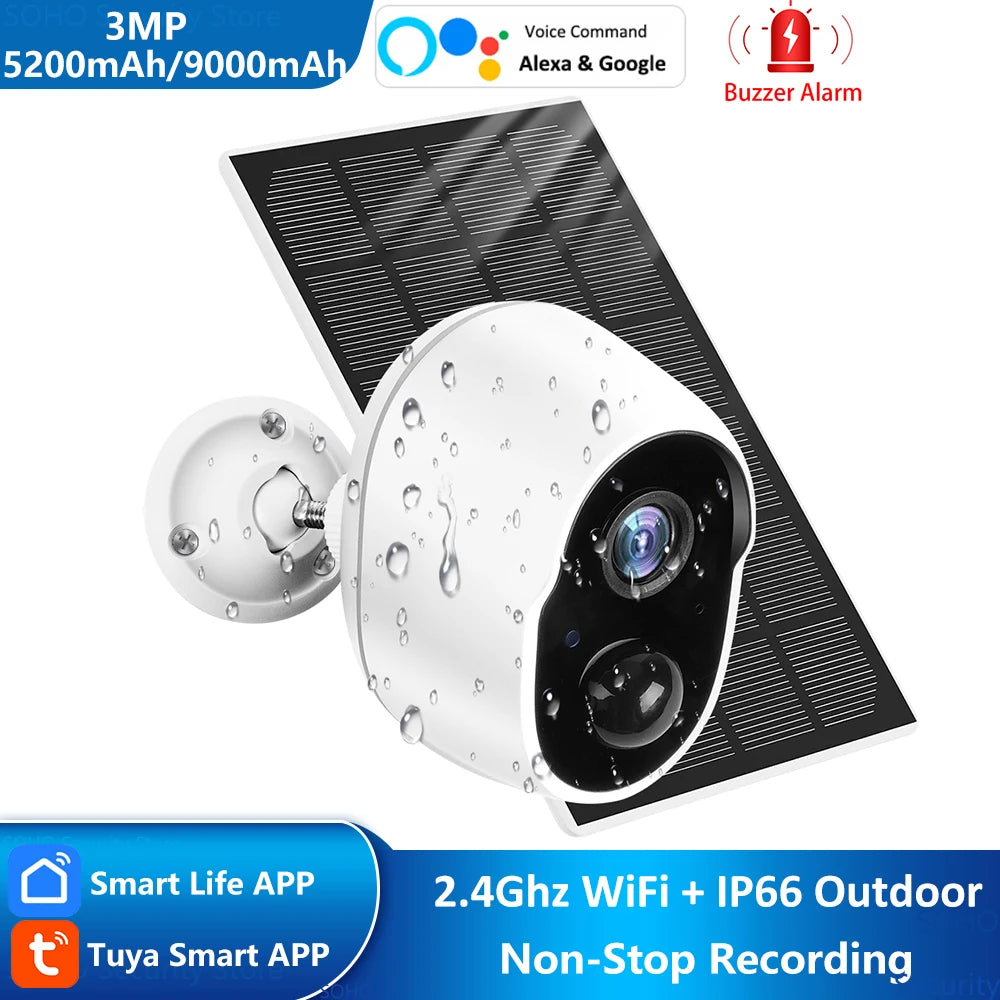3MP Tuya Smart Life 5200/9000mAh Rechargeable Battery Solar Outdoor WIFI 1080P Surveillance Security Siren Camera Alexa Google