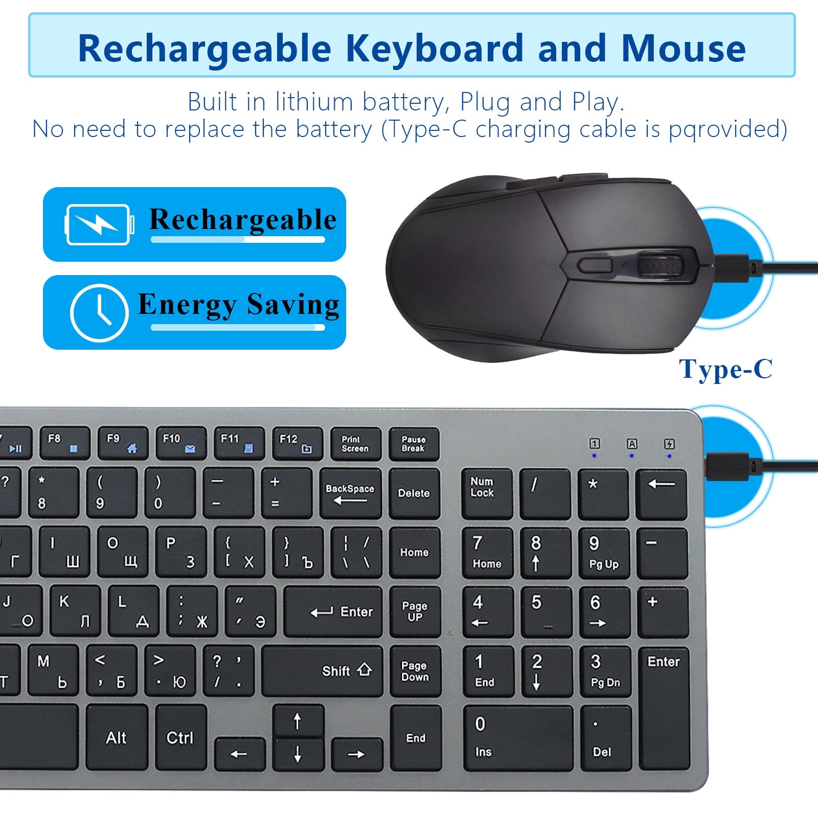 Rechargeable Keyboard and Mouse Combo Russian Hebrew Wireless Compact Slim Silent Keyboard Mouse Set for Laptop PC Computer