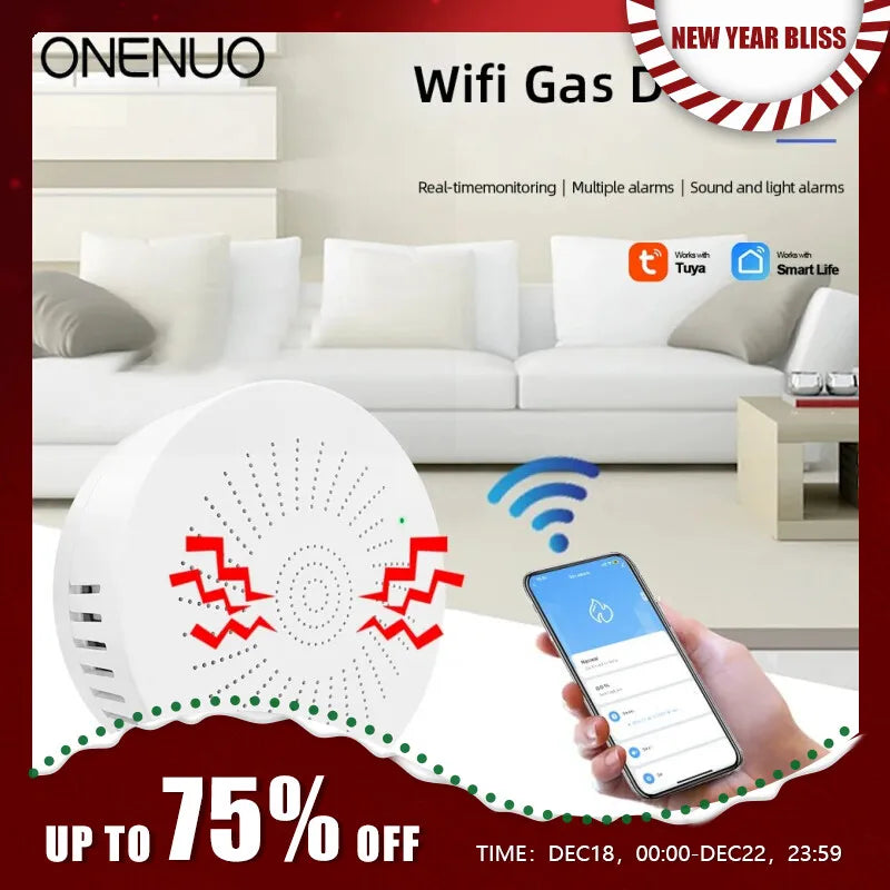 ONENUO Tuya Smart Home WiFi Natural Gas Sensor Combustible Coal Gas LPG Gas Leakage Alarm Detector Fire Security Protection