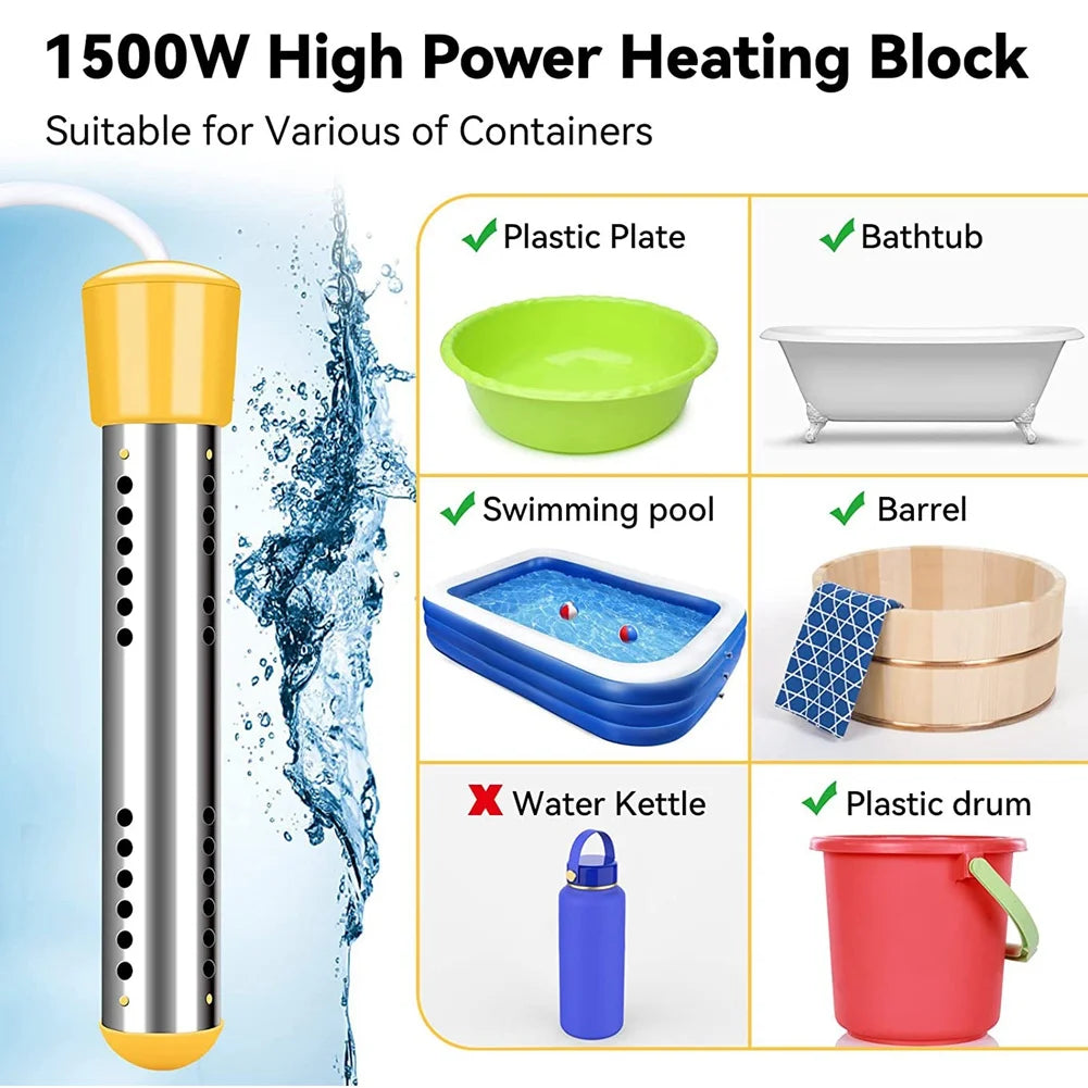 Immersion Water Heater, 1500W Electric Submersible Water Heater with Timer, Stainless Steel Guard Cover EU Plug