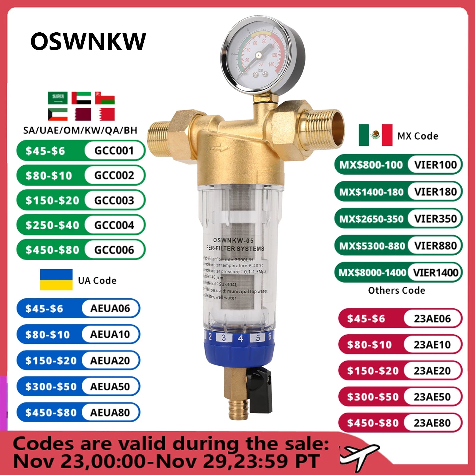 OSWNKW-05 Pre Filter Purifier Whole House Spin Down Sediment Water Filter Central Prefilter System Backwash Stainless Steel Mesh