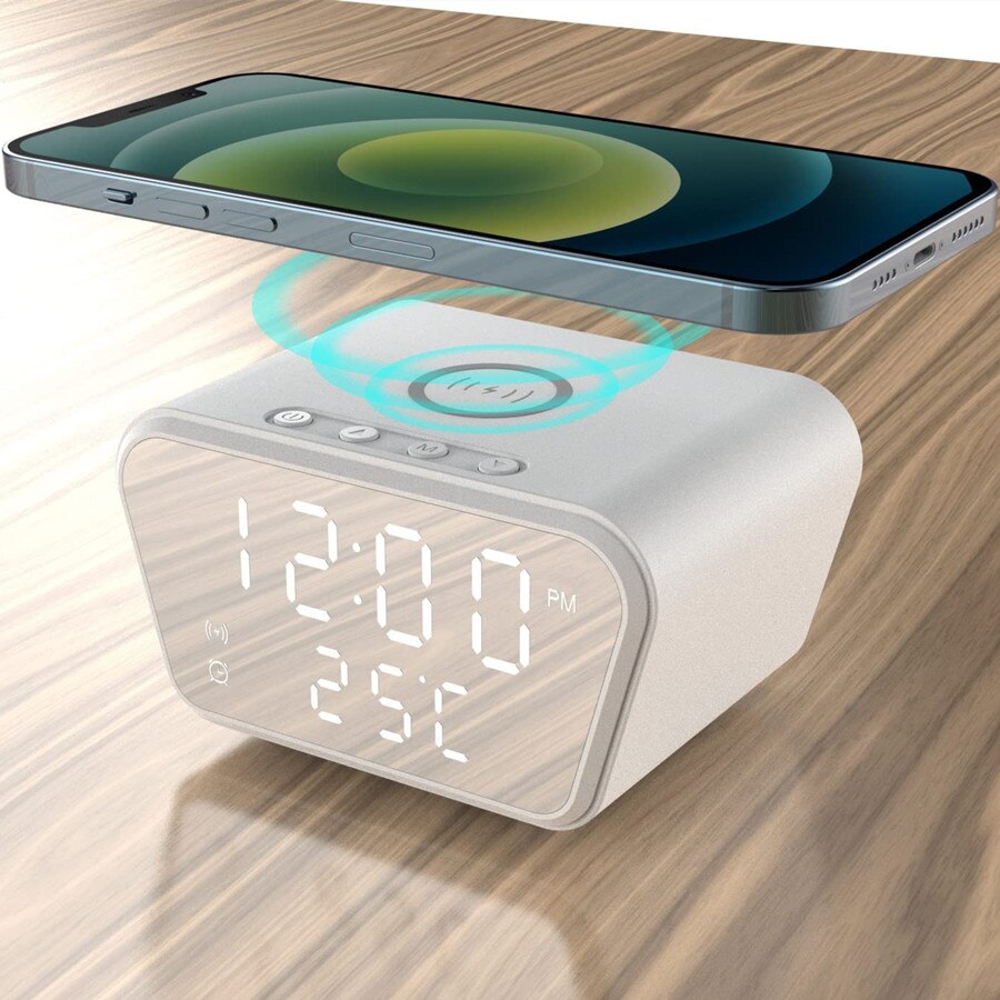 Wireless Charger Pad LED Digital Alarm Clock Desktop Temperature Phone Chargers Stand 15W Fast Wireless Charging Dock Station