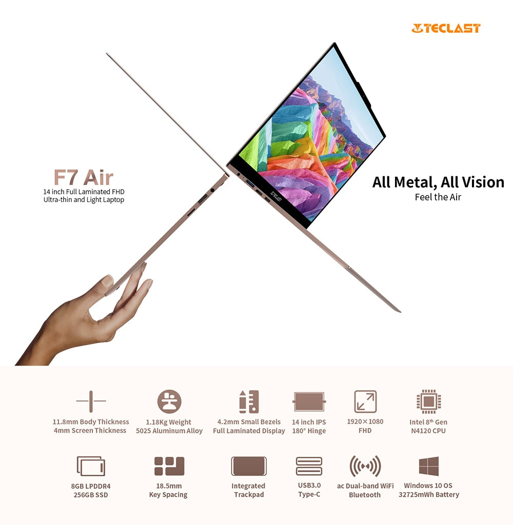 2021 Newest Teclast F7 Air Laptop 1.18KG 14'' 8GB LPDDR4 256GB SSD inte N4120 Notebook 1920x1080 Win10 OS Laptops Type-C