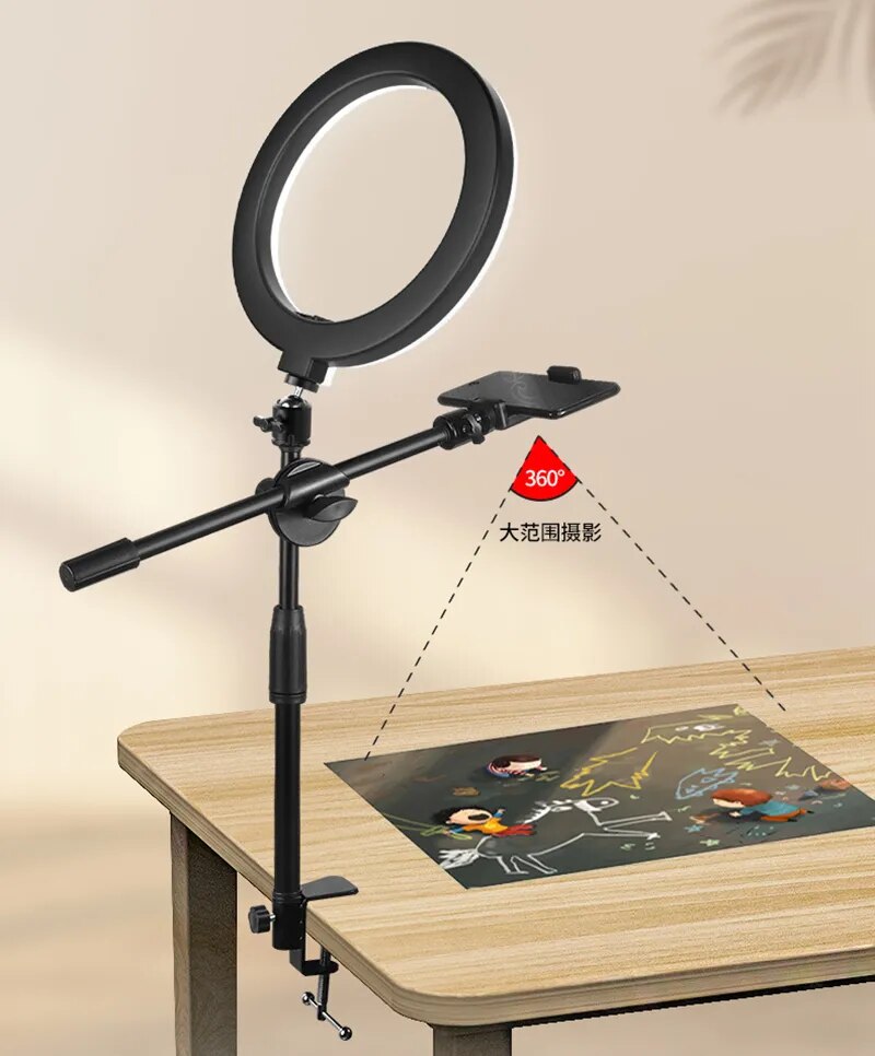 Overhead Tripod for Mobile Phone Smartphone Desktop Cellphone Video Shooting Stand with Ring Light for Table Photography