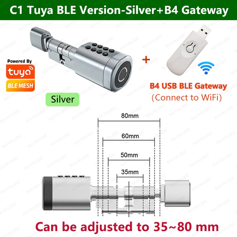 RAYKUBE C1 Tuya BLE TT Lock Smart Door Lock with 2-Ways-Adjustable Cylinder Length Fingerprint Password APP Key IC Card Unlock