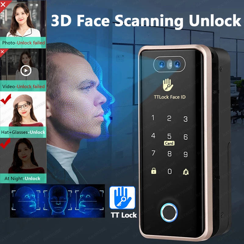 RAYKUBE FS1 TT Lock 3D Face Recognition Smart Lock With Half-circle Hook Biometric Electronic Fingerprint Unlock Glass Door Lock
