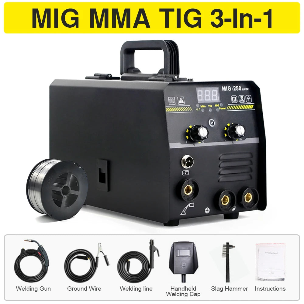 250A Mig MMA TIG Gasless Welding Machine 3 In 1 Super 220V Welding Equipment Intelligent Adjustment  IGBT Inverter Welder