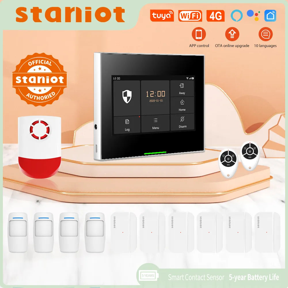 Staniot Wireless WiFi 4G Home Security Alarm System Kits for Tuya Smart Life APP with 5 Years Contact Sensor Door Detectors