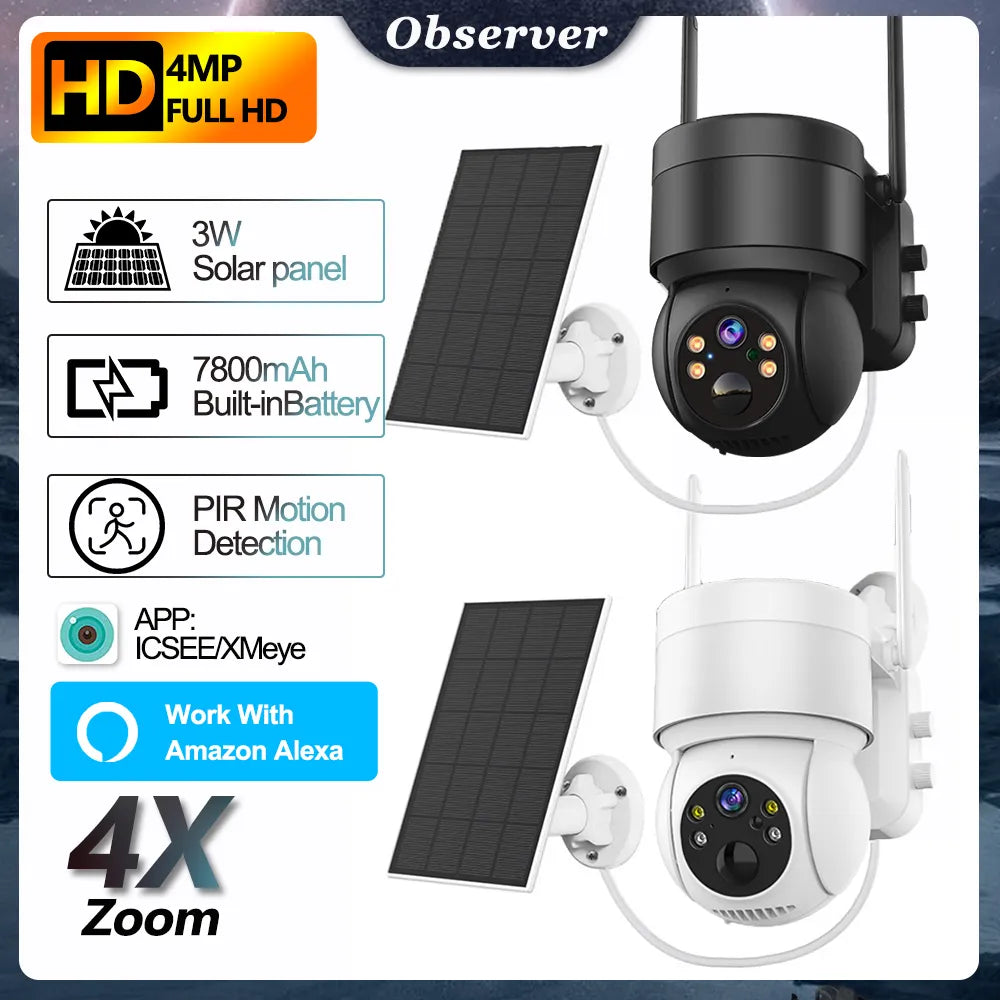 Outdoor WIFI Solar Camera 4MP Security with Solar Panel Wireless Surveillance PTZ Battery CCTV PIR Human Detection ICsee Alexa