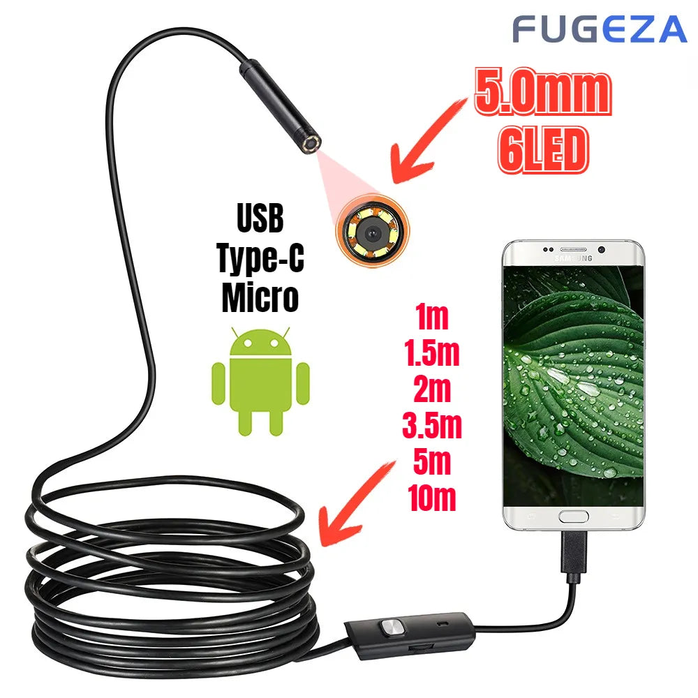 FUGEZA Mini Endoscope Camera Waterproof Endoscope Adjustable Soft Wire 6 LEDS 5.5mm Android Type-C USB Inspection Camea for Car