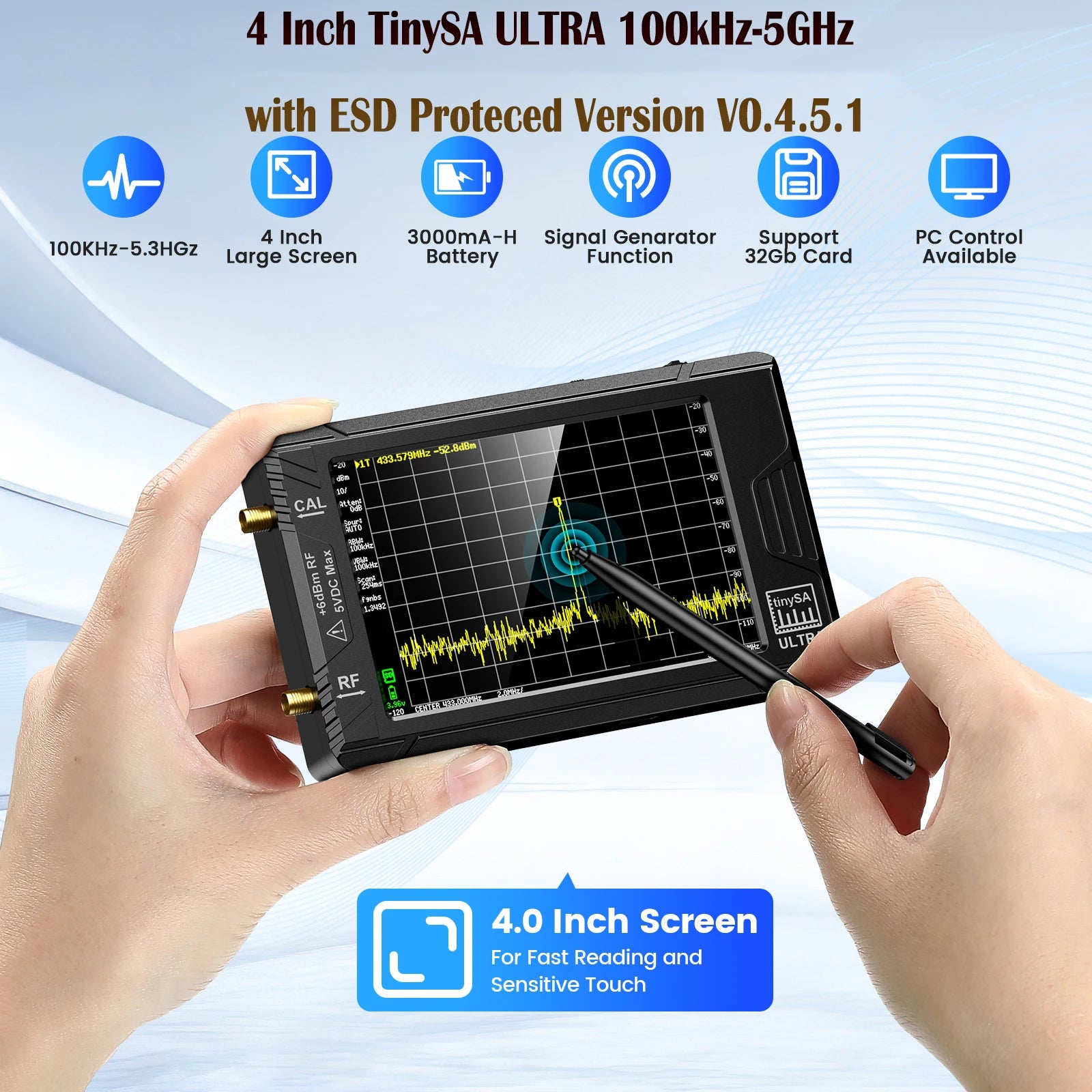 2023 New Handheld 2.8" Display Tiny Spectrum Analyzer TinySA ULTRA 4" Display 100kHz to 5.3GHz with 32GB Card Version V0.4.5.1