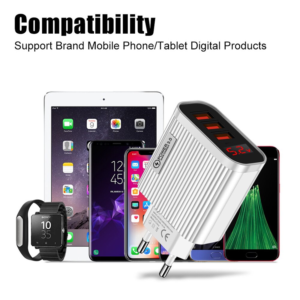 3 Ports USB Quick Charging 3.0 Wall Charger Cell Phone Fast Charging Mobile Phone Adapter with LED Digital Display for iPhone