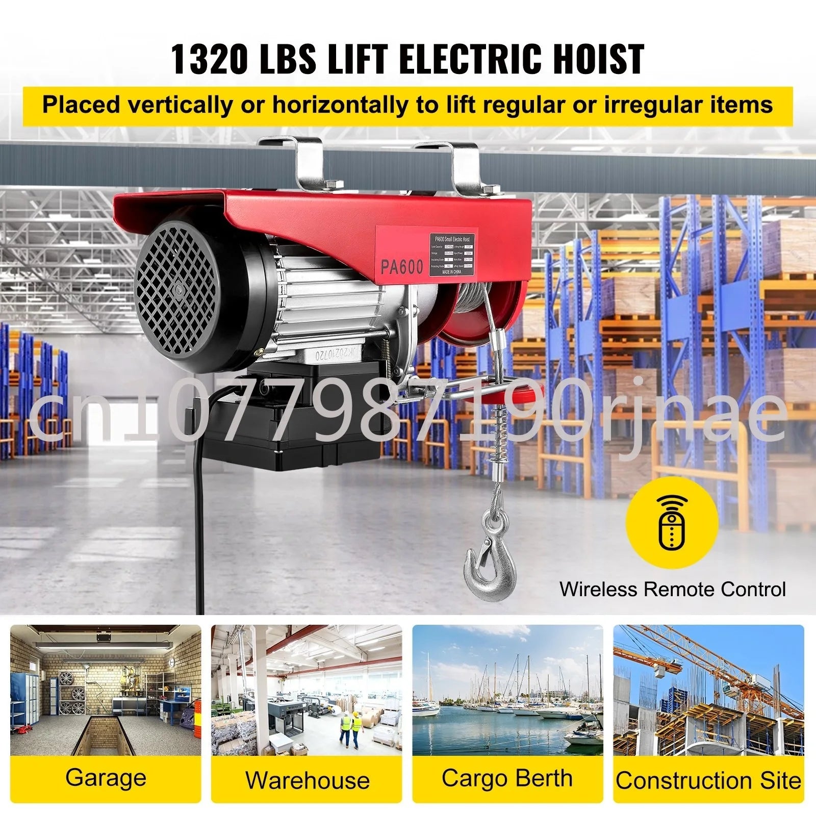 Electric Hoist 1320LBS  Winch 600kg Steel Electric Lift 220V/110V Electric Hoist with Wireless Remote Control 12 M/min