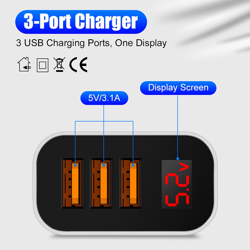 3 Ports USB Quick Charging 3.0 Wall Charger Cell Phone Fast Charging Mobile Phone Adapter with LED Digital Display for iPhone