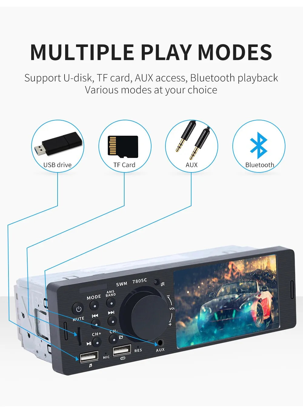 1 Din 4Inch Car Radio Touch Screen Bluetooth Music Handsfree MP5 Player TF USB Charging Remote Audio System ISO Head Unit 7805C