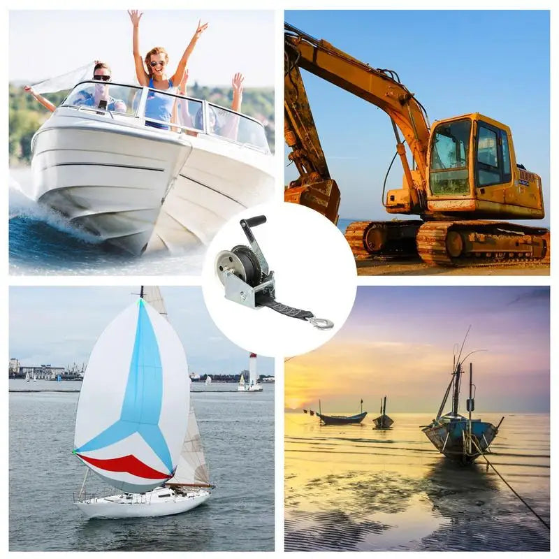 Boat Trailer Winch 600LBs 2-Way Ratchet Heavy Duty Hand Crank Winch Steel Construction Manual Winch with Polyester Strap & Hook