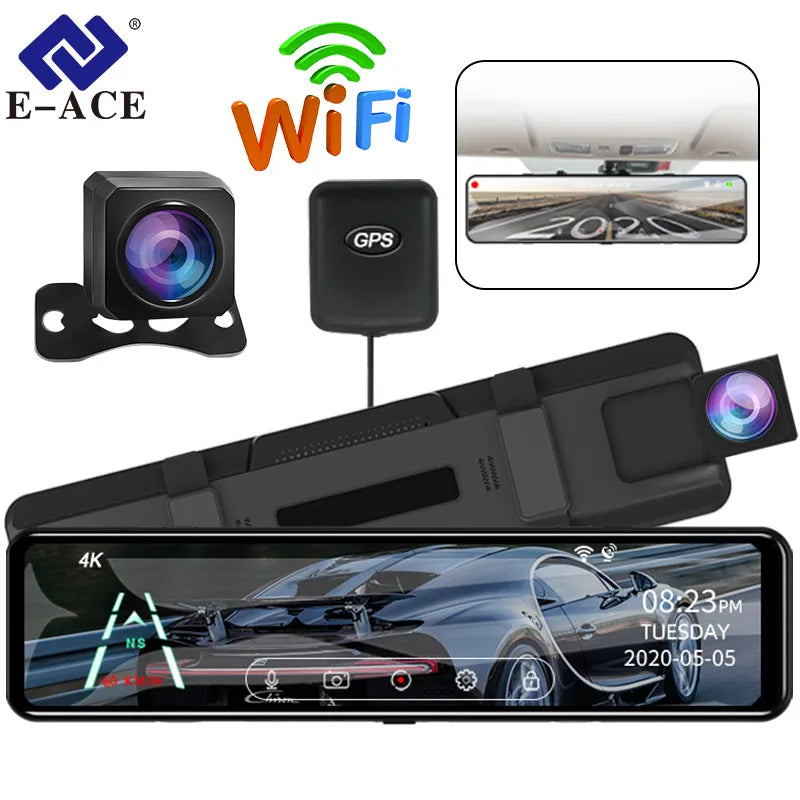 E-ACE 12 Inch 4K Car Dvr Mirror WiFi GPS IPS Screen Stream Rear View Dash Cam Mirror Dual Car Camera Drive Recorder Black Box