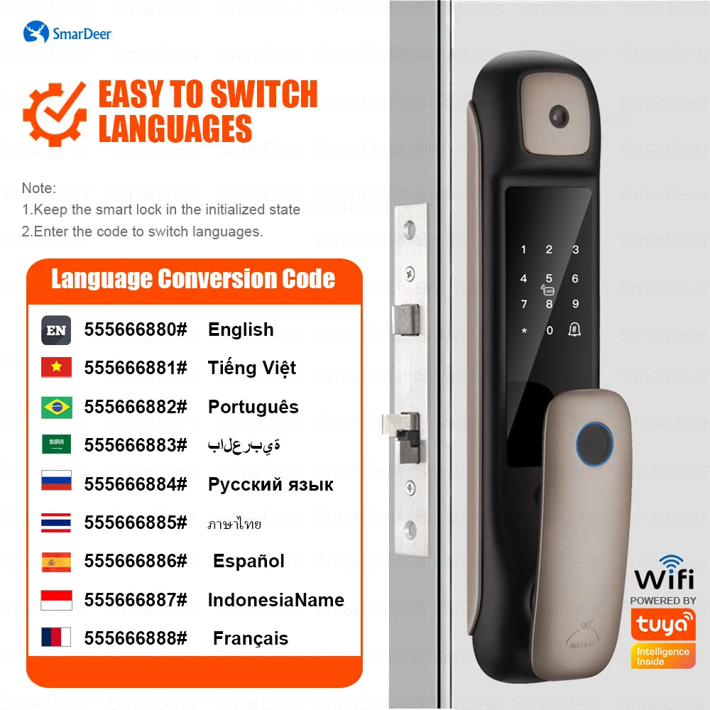 SmarDeer Digital Electronic Lock With Camera Tuya Smart Lock Keyless Biofingerprint Fingerprint Lock with WiFi