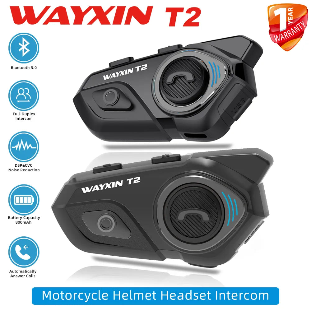 WAYXIN T2 Motorcycle Helmet Headset For 2 Riders Bluetooth Intercom Headphone Motorbike Communicator Interphone Waterproof BT5.0