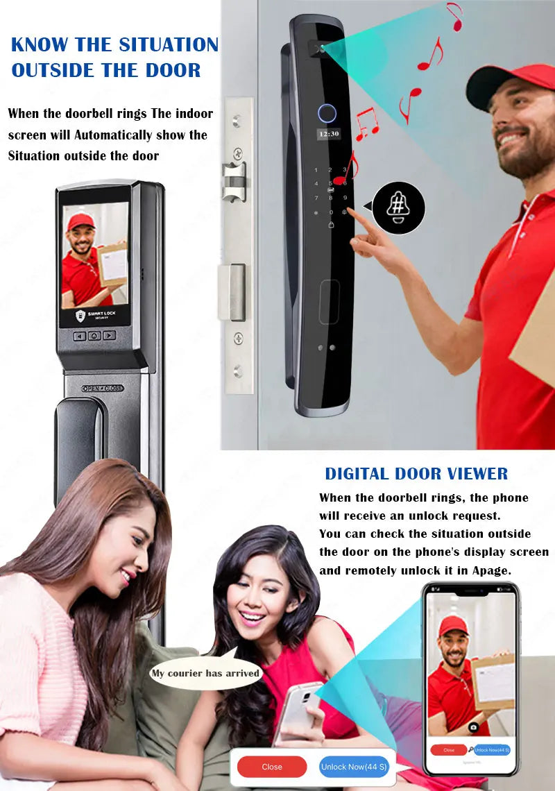 3D Face Recognition Fingerprint Electronic Smart Lock Door Visual Doorbell Remote Unlocking with Key Card Camera and Data Sim