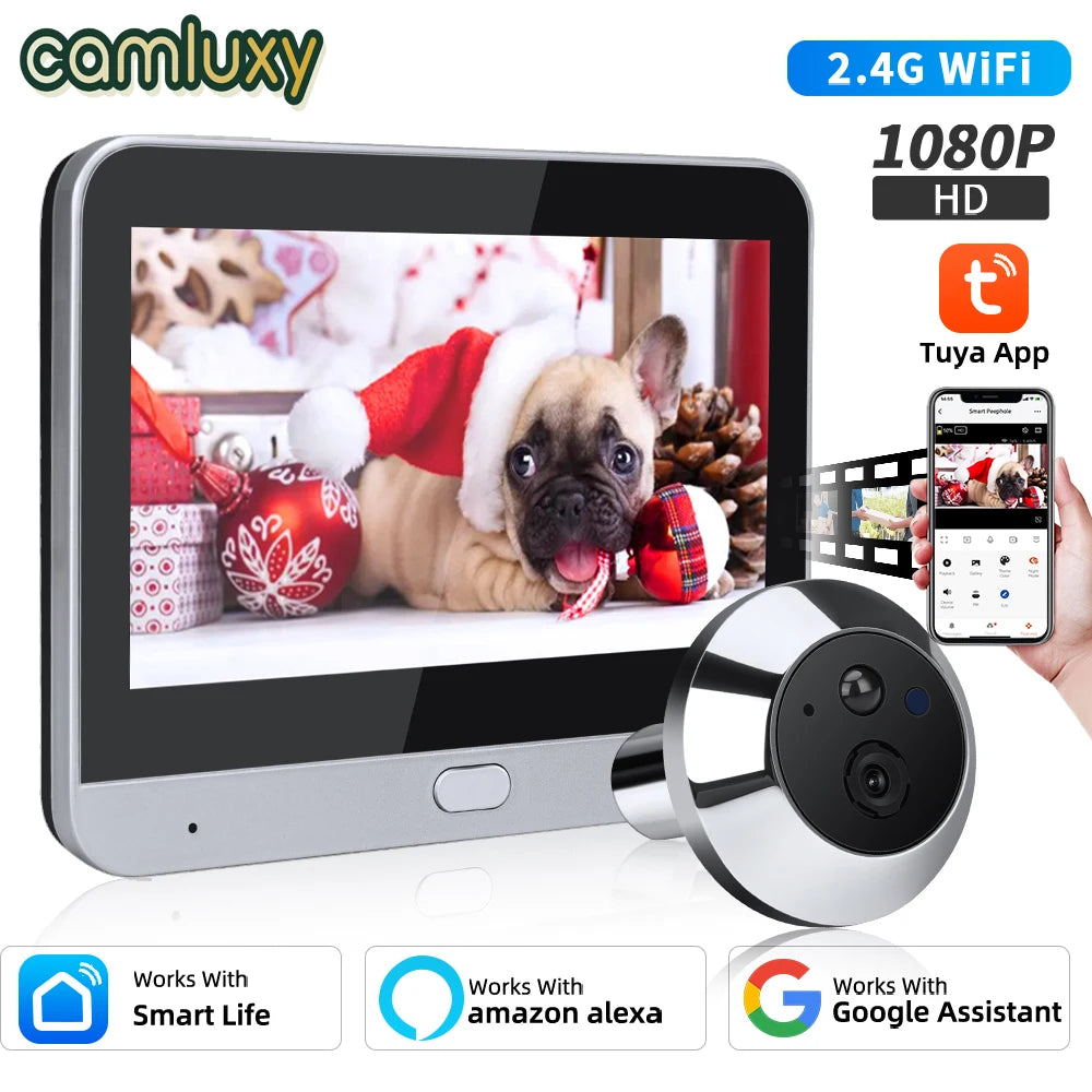 Camluxy Smart Tuya WiFi Door Camera 4.3 inch 1080P Eye Peephole DoorBell 5000mAh PIR Motion Alarm Alexa Digital Door Viewer