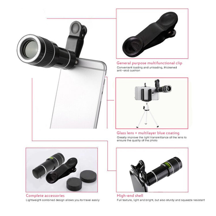 With Clip 20x Telescope Zoom Monocular Telescope Telephoto Lens Universal Telephoto Macro Camera Lenses With Tripod Optical