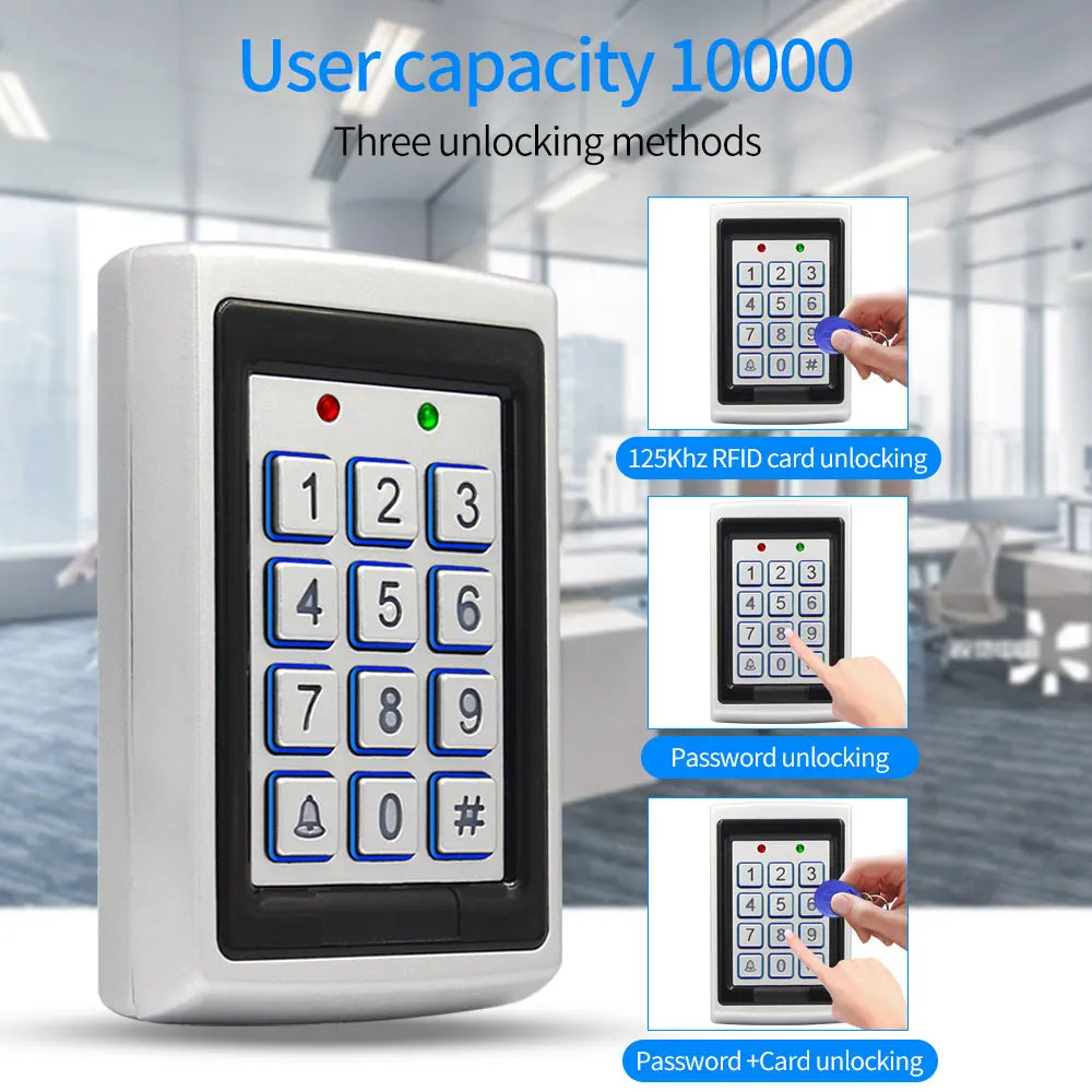 Outdoor RFID Access Controller Metal Keypad Card Reader with Waterproof Cover 125KHz 10pcs Keyfob for Door Access Control System