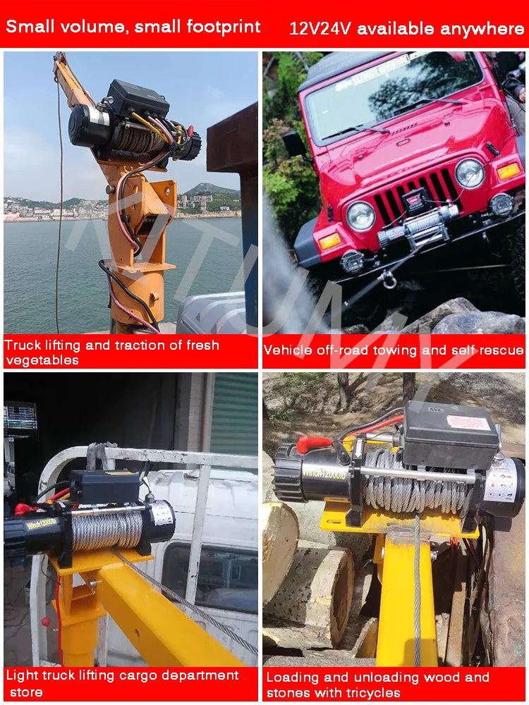 3500lbs/4000lbs/4500lbs Car Mounted Small Crane Electric Hoist 12V/24V Off-road Vehicle Traction Self Rescue Trailer Winch Hoist