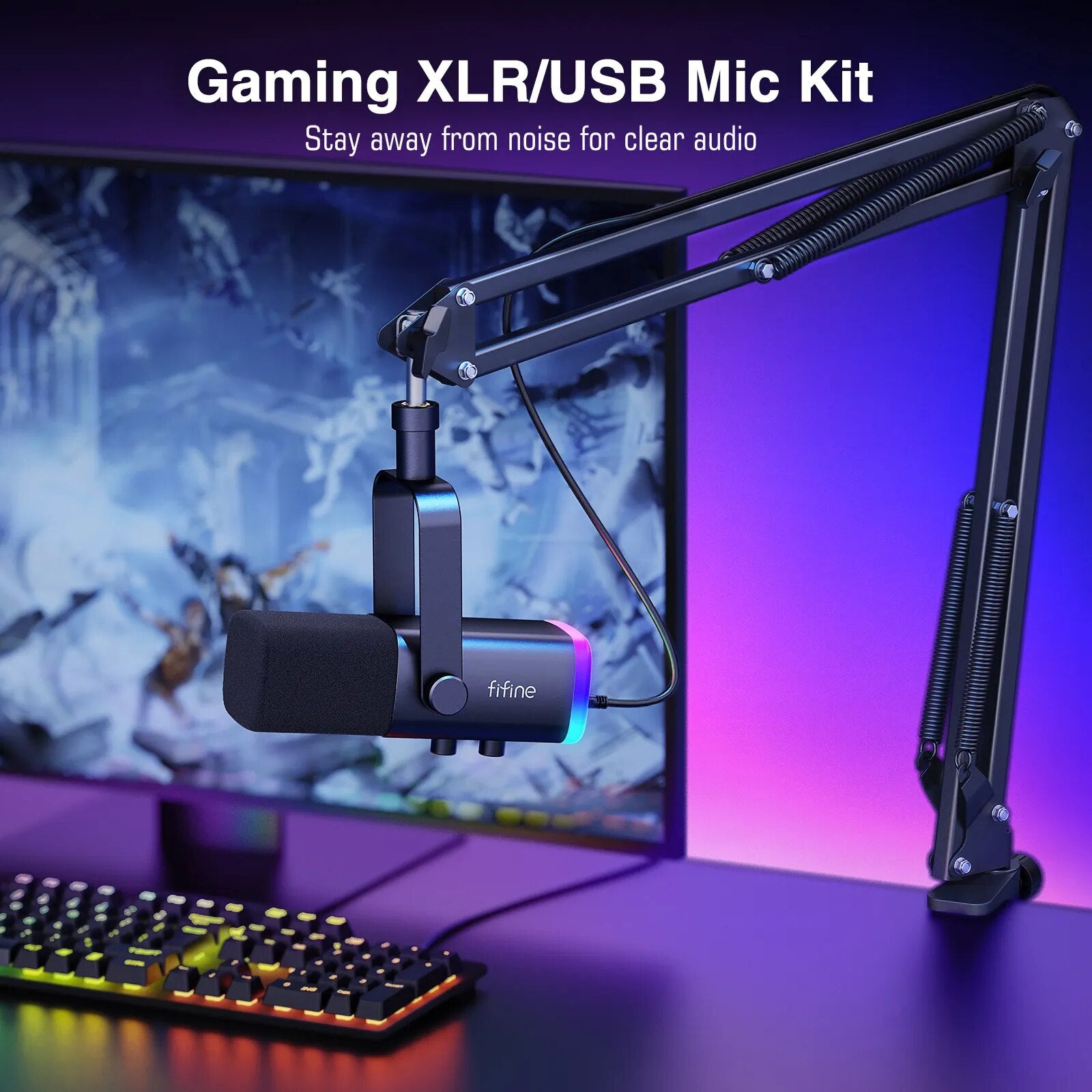 FIFINE XLR/USB Gaming Microphone Kit with Headphone Jack/Mute/RGB /Arm Stand,Dynamic Mic Set for PC PS5/4 Mixer AmpliGame AM8T