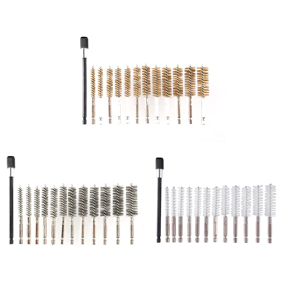 12pcs Electric Impact Drill Hex Shank Brush Car Paint Remover Wire Rust Cleaner with Rod Machinery Polishing Grinding Tool Set