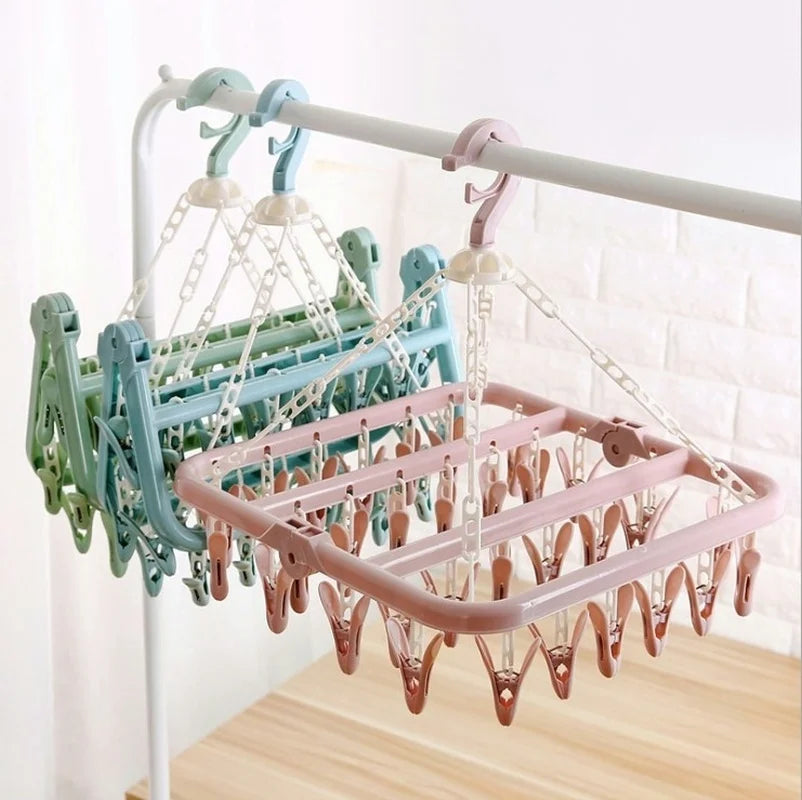 1Pcs 32 Clips Folding Clothes Hanger Dryer Windproof Socks Underwear Drying Rack Baby Clothes Hangers  Organizer  Laundry Rack