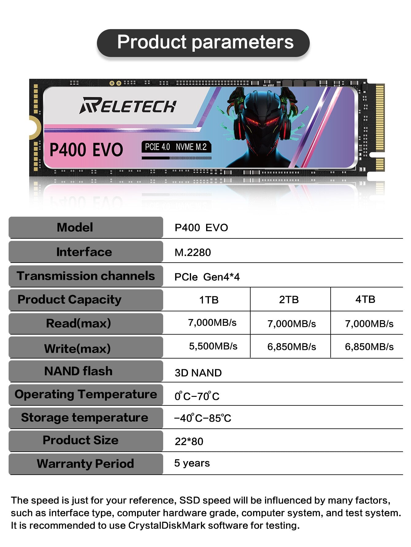 Reletech P400EVO PCIe4.0x4 SSD 1TB 2TB 4T SSD M2 NVMe M.2 2280 Internal Solid State Drive Hard Disk for PS5 Playstation5 Desktop