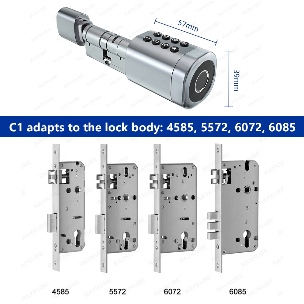 RAYKUBE C1 Tuya BLE TT Lock Smart Door Lock with 2-Ways-Adjustable Cylinder Length Fingerprint Password APP Key IC Card Unlock