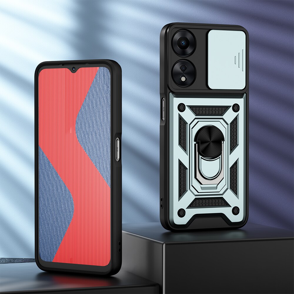 KEYSION Shockproof Armor Case for OPPO A78 5G Slide Camera Lens Protection Ring Stand Phone Back Cover for OPPO A58 5G A58X 5G