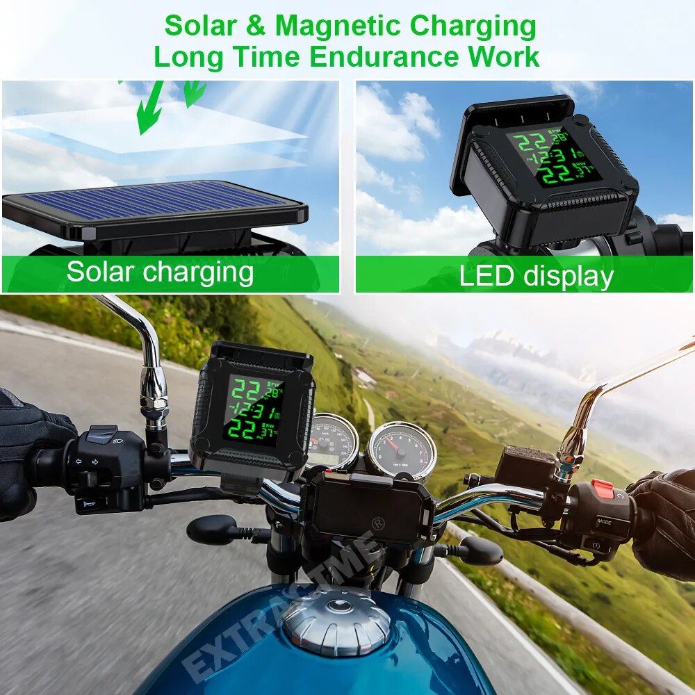 Extractme Tire Pressure Monitoring System Colorful Display Wireless TPMS Motorcycle Solar Charge Tyre Temperature Alarm Sensor