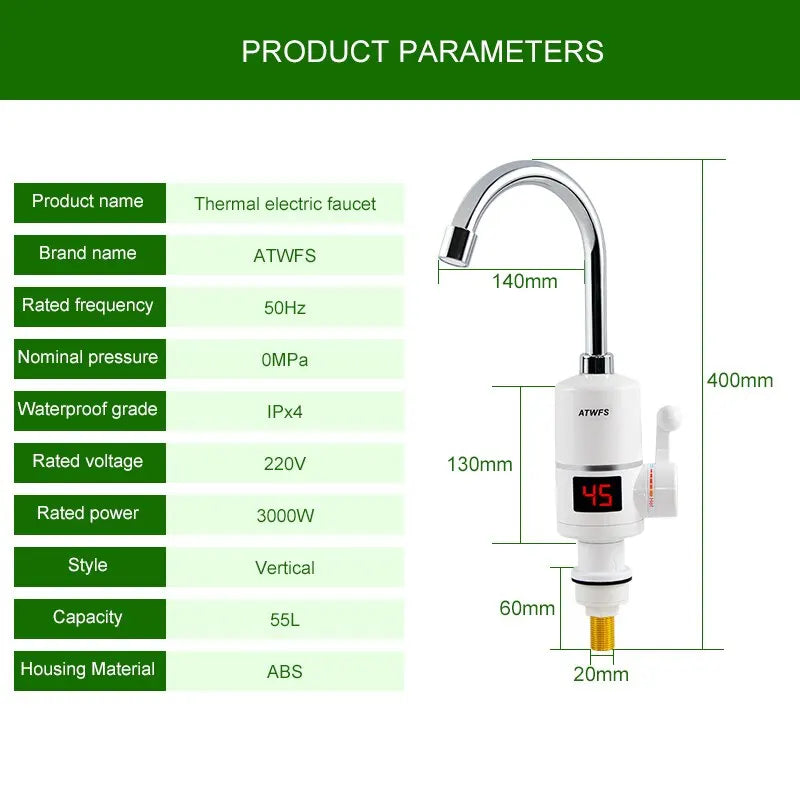 ATWFS Instant Hot Water Heater Tap Fast Instantaneous Thermostat for Water Heater 3000w Electrical Faucet Temperature Display