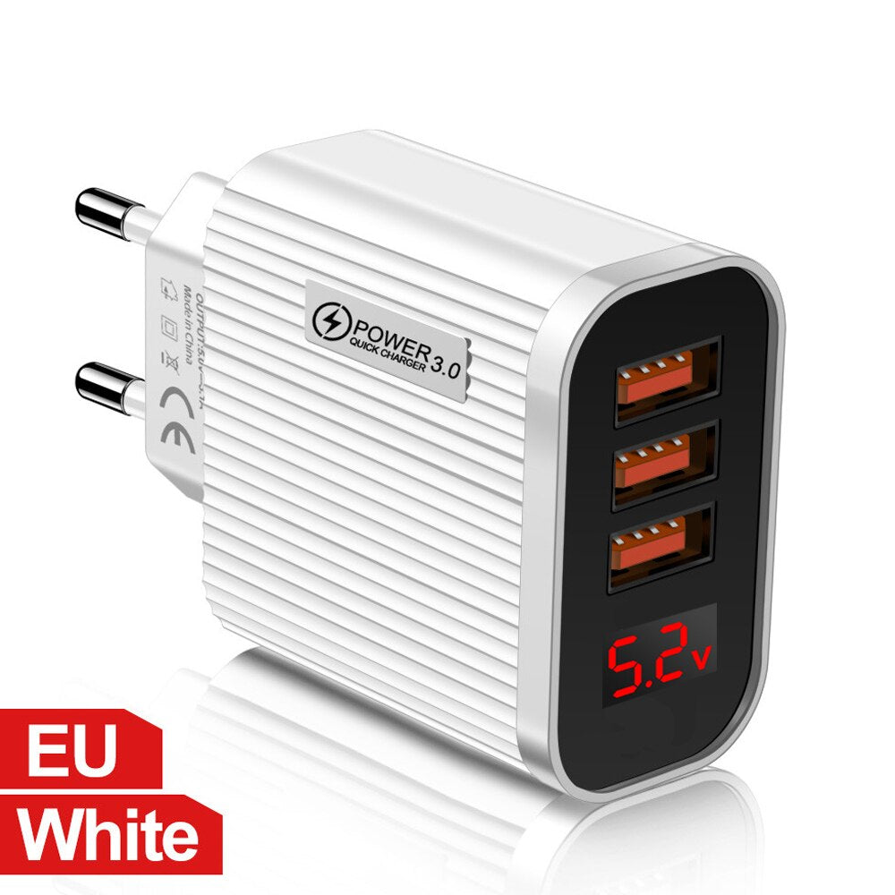 3 Ports USB Quick Charging 3.0 Wall Charger Cell Phone Fast Charging Mobile Phone Adapter with LED Digital Display for iPhone