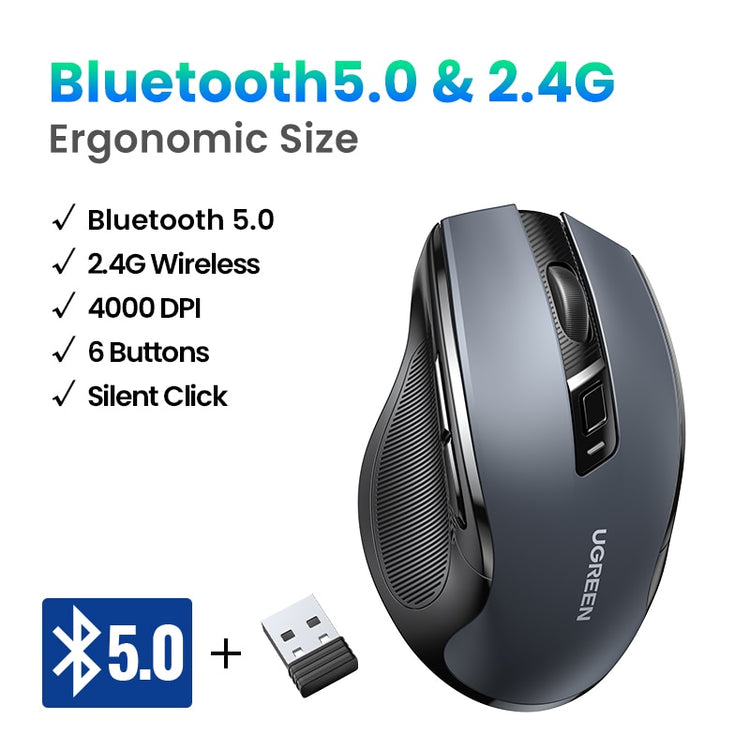 UGREEN Wireless Mouse Bluetooth 5.0 Ergonomic 4000 DPI 6 Mute Buttons For MacBook Tablet Laptop PC 2.4G Mice Mouse