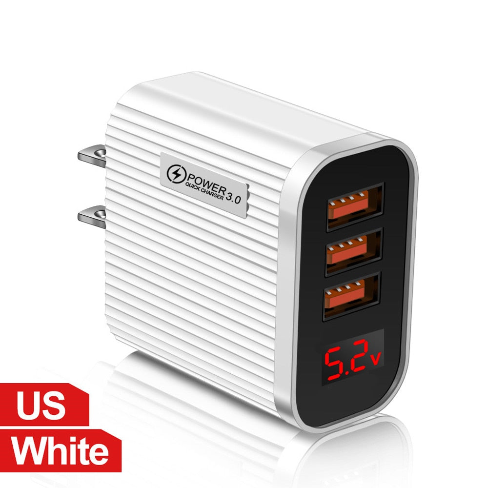 3 Ports USB Quick Charging 3.0 Wall Charger Cell Phone Fast Charging Mobile Phone Adapter with LED Digital Display for iPhone