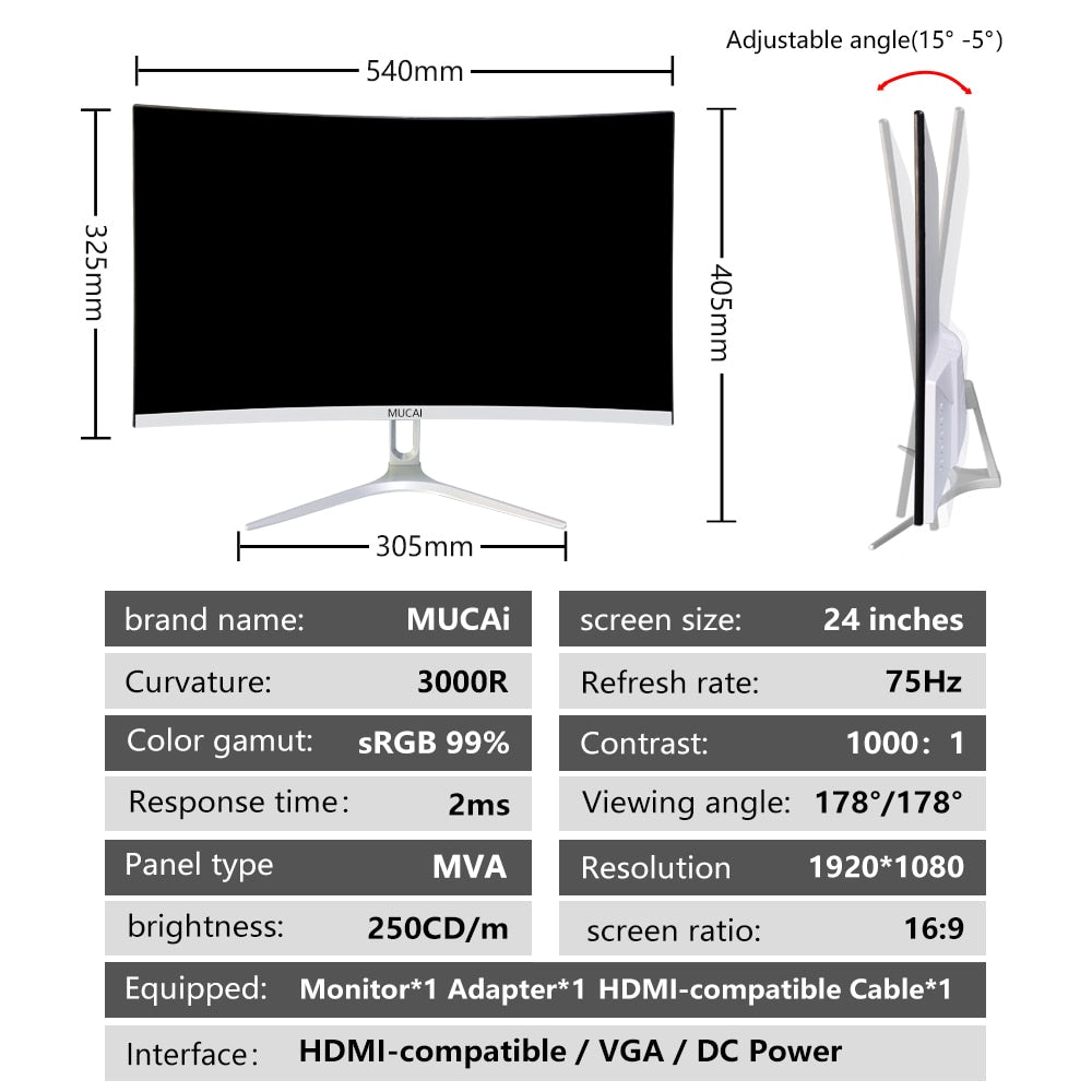 MUCAI 24/27 Inch Curved Monitor 75Hz Desktop PC Lcd FHD Display Gaming MVA Panel Screen Computer LED 1080P HDMI-compatib/VGA